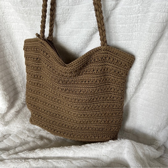 The Sak Shoulder Bag Brown Crocheted Knit Tote Bag Bohemian Chic - Picture 2 of 9